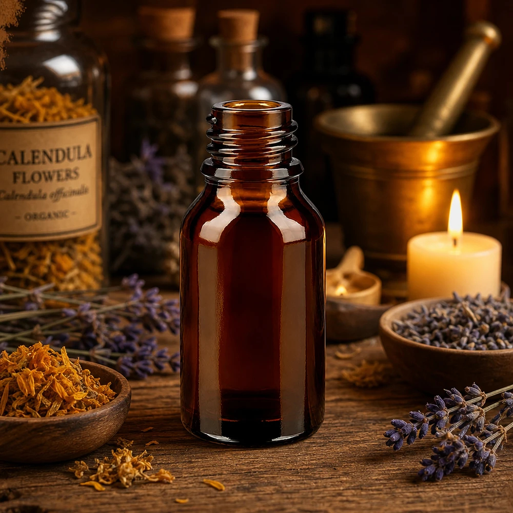 Flacon compte-gouttes pour pharmacie 30 ml DIN18 - verre brun Bouteille de pharmacie brune 30ml forme haute ApoGlas avec bougie mortier de fleurs de calendula Setup d'aromathérapie