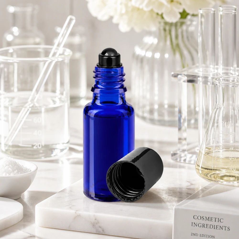 Flacon de déodorant en verre bleu 20 ml, déo à bille vide Flacon en verre d'apothicaire bleu cobalt de 20 ml muni d'une bille roulante, à côté de matériel de laboratoire en verre