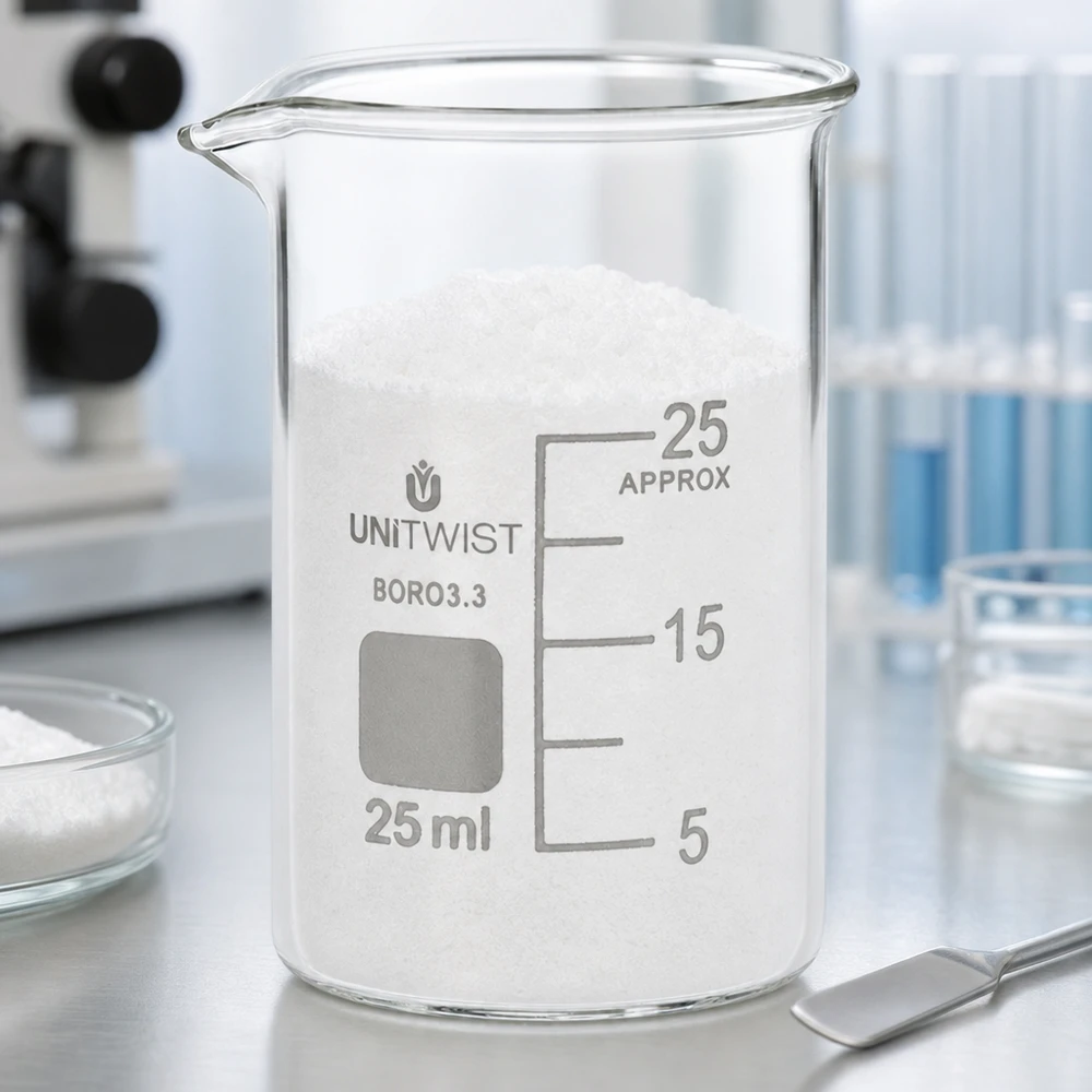 Bécher 25ml borosilicate, forme basse UNiTWIST Petit bécher de 25 ml en verre borosilicaté 3.3 contenant une substance solide, dans un laboratoire, à côté d'un microscope