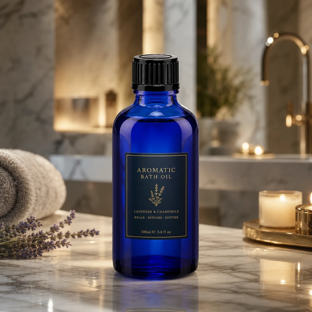 Flacon en verre bleu cobalt de 50 ml avec bouchon à vis noir, dans une salle de bains élégante