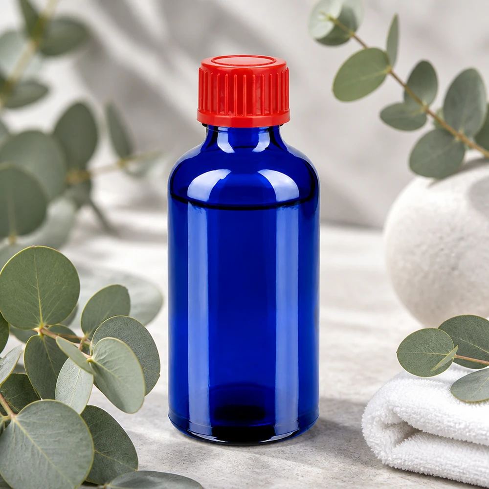 Flacon de 50ml 11mm SV rouge STD BlueLine UT18/50 Flacon de pharmacie Premium 50ml bleu foncé avec protection UV et bouchon de sécurité rouge
