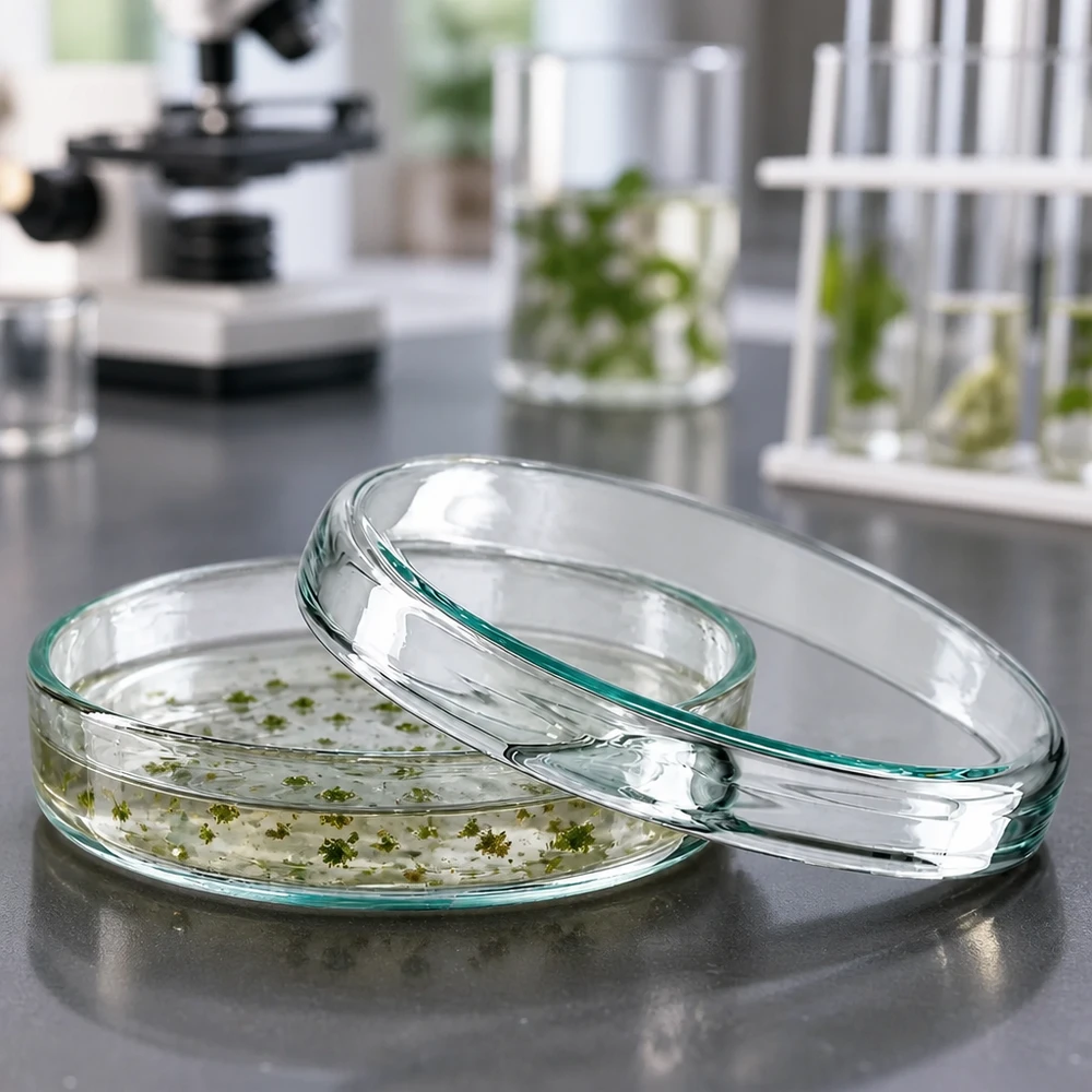 Boîte de Petri en verre 70x15 mm Deux boîtes de Pétri en verre de 70 x 15 mm empilées l'une sur l'autre, contenant des cultures de tissus verts, dans le laboratoire de botanique
