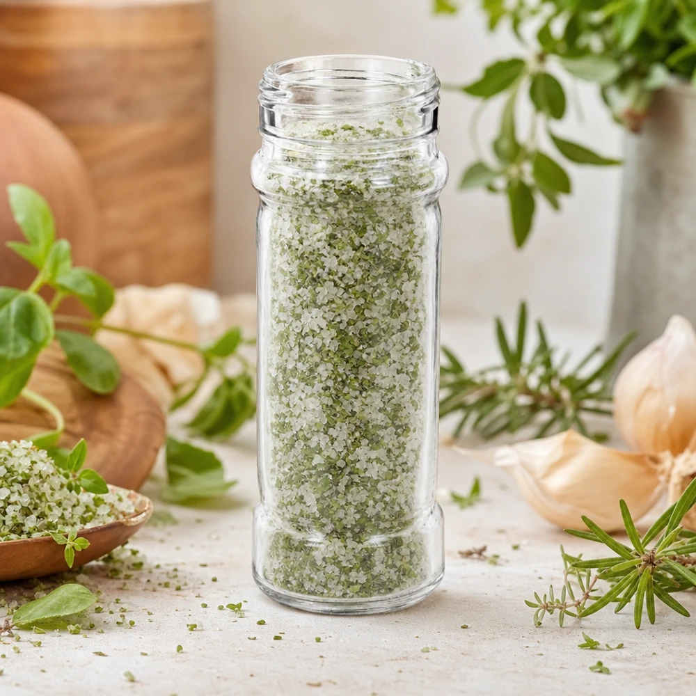 Pot à épices « Mary » avec un bouchon à vis de 41 mm, rempli de sel aux herbes vertes et d'herbes aromatiques fraîches