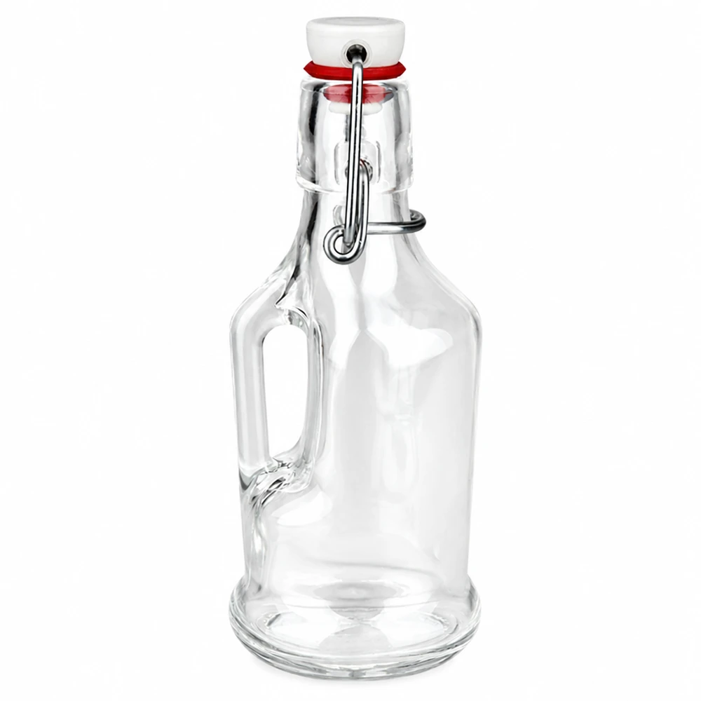 Bouteille en verre Bertha de 200 ml avec bouchon à étrier en porcelaine blanche et anse de UNiTW sur fond blanc
