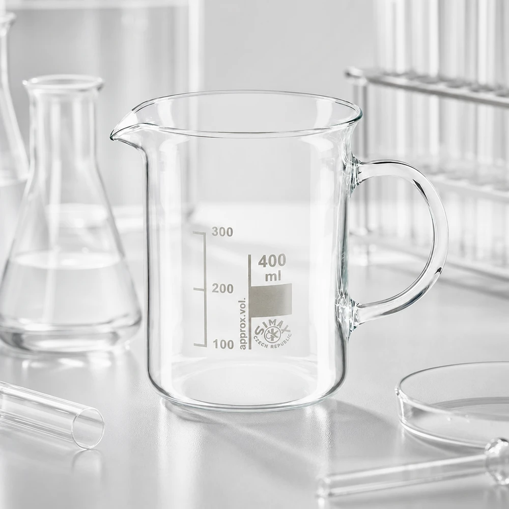 Bécher avec poignée 400ml en verre borosilicate résistant à la chaleur (forme normale) Bécher en verre borosilicaté de 400 ml avec anse, à côté de flacons d'Erlenmeyer et de tubes à essai