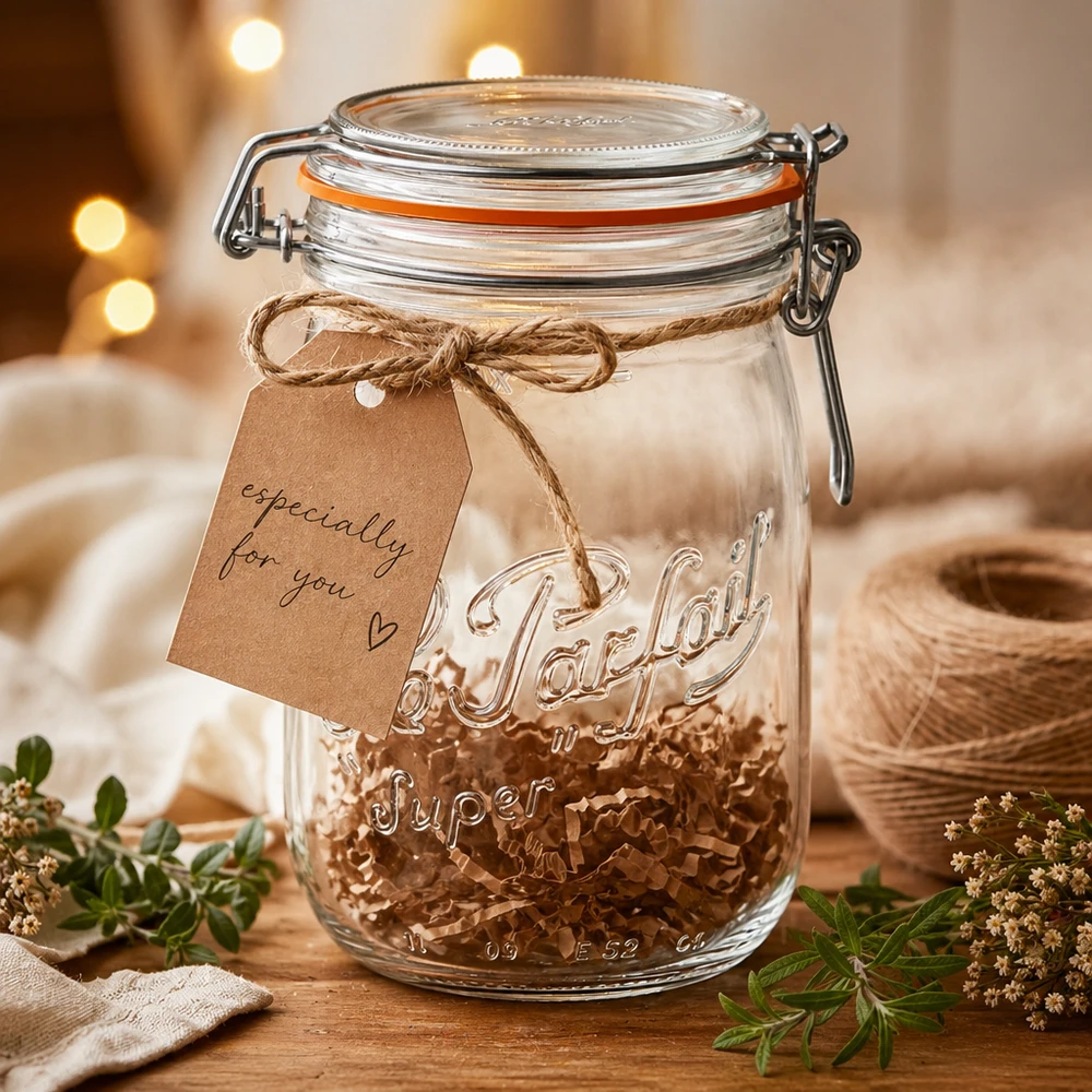 Bocal Le Parfait® 1 L Ø85 mm conserve Le Parfait Pot à provisions 1000ml avec fermeture à étrier et super gaufrage, décoré avec une étiquette cadeau sur table en bois