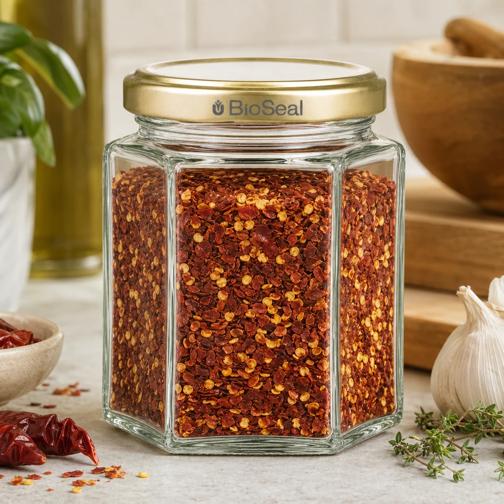 Pot de miel hexagonal de 250g rempli de mélange d'épices au chili Couvercle doré BioSeal Ambiance cuisine avec ail thym