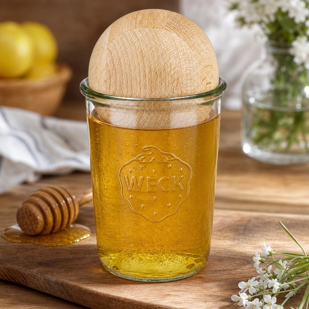 WECK RR100 Pot renversé 850ml rempli de miel et boule en bois de hêtre, présentation décorative pour la cuisine avec cuillère à miel
