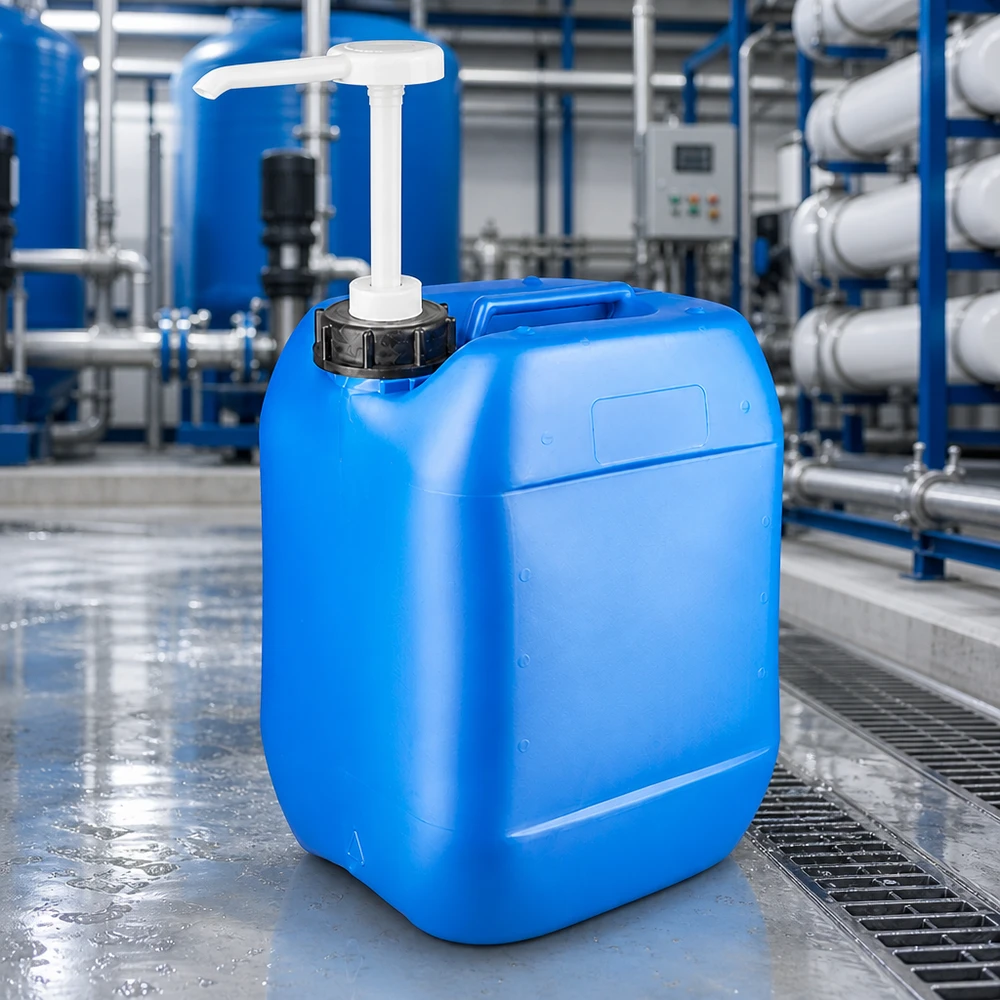 Bidon portable de 10 litres muni d'une pompe blanche, utilisé en milieu industriel