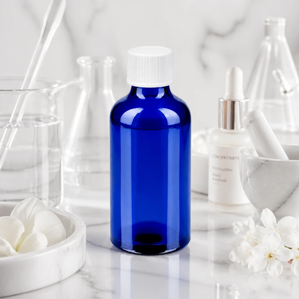 Flacon de 50ml 11mm SV blanc STD BlueLine UT18/50 Bouteille en verre Premium 50ml série BlueLine avec design bleu cobalt protégeant de la lumière