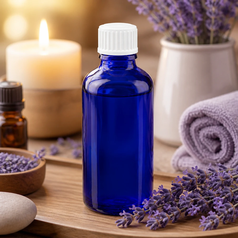 Flacon de pharmacie bleu 50ml bouchon vissable blanc standard Flacon de pharmacie bleu cobalt de 50 ml pour huiles essentielles, posé sur un plateau en bois orné d'une décoration à la lavande