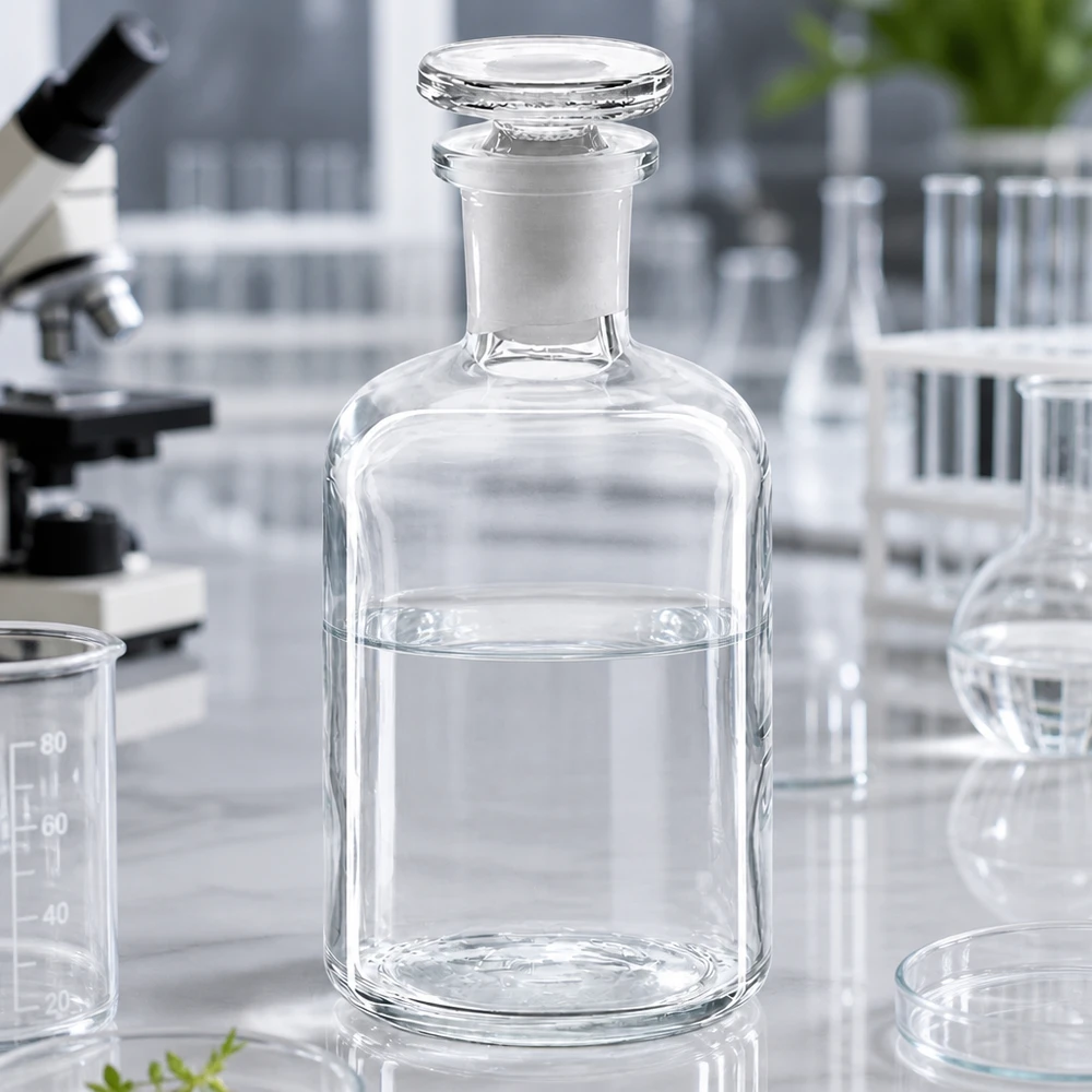Flacon pharmaceutique 100 ml col étroit en verre clair + bouchon Flacon à col étroit de 100 ml en verre transparent, rempli à moitié de liquide, avec bouchon en verre – Matériel de laboratoire