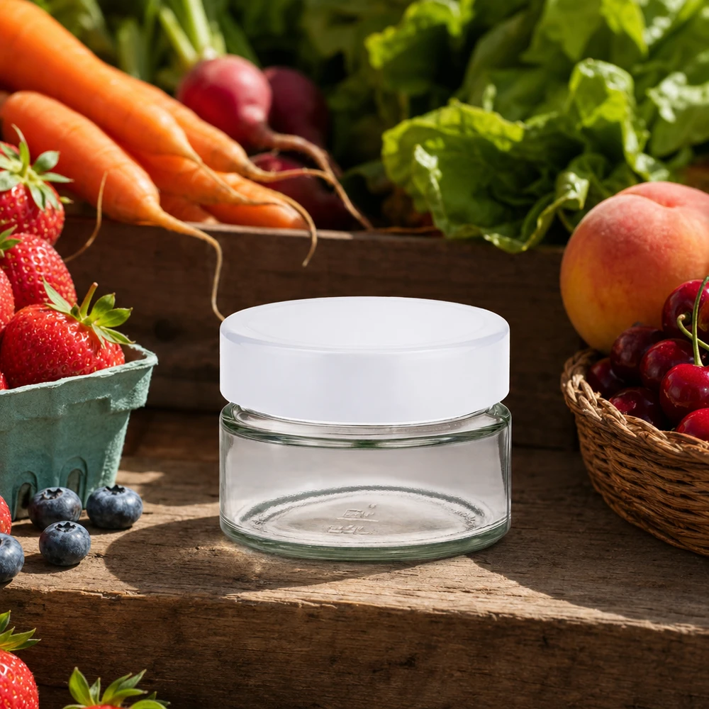 130ml Verre rond avec couvercle BasicSeal blanc UNiTWIST Verre rond de 130 ml UNiTWIST BasicSeal blanc dans un environnement de cuisine naturel avec des fruits et légumes frais