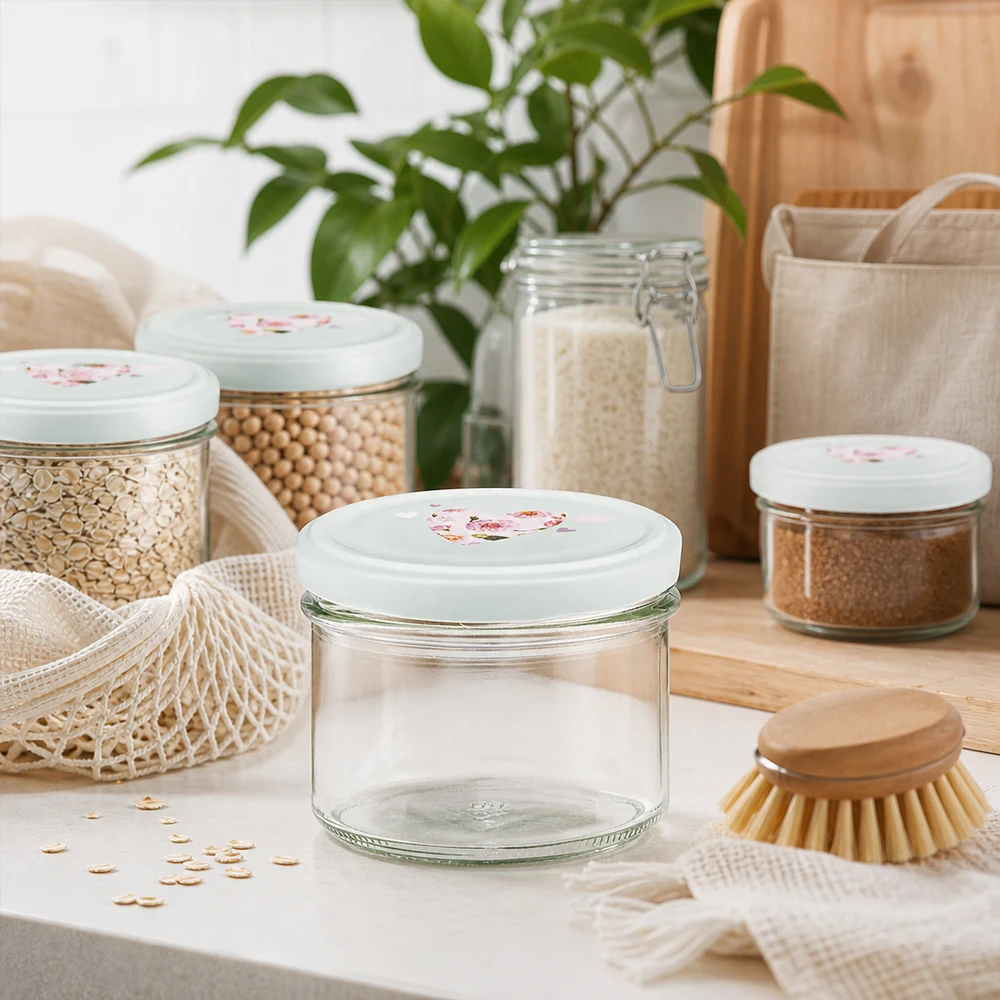 225ml pot renversé avec couvercle en forme de cœur BasicSeal menthe dans la cuisine durable Zero Waste avec bocaux à provisions et sac en jute