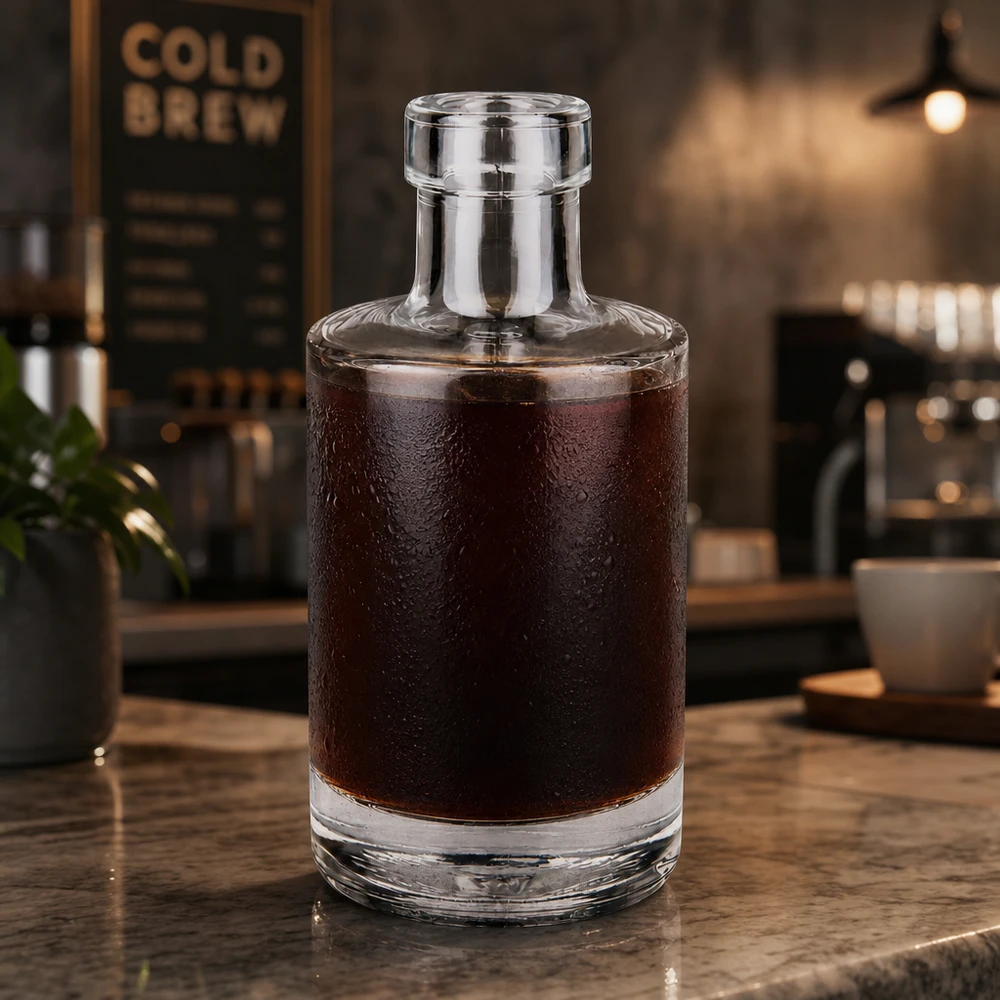 Bouteille en verre Marie de 200 ml remplie de café Cold Brew dans une atmosphère de café moderne Exemple d'utilisation Coffee Shop