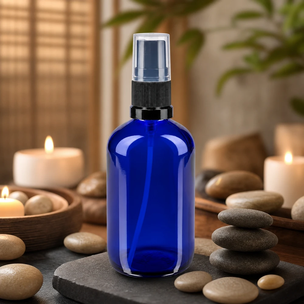 Flacon de pharmacie bleu 100ml embout spray noir Flacon vaporisateur en verre bleu cobalt de 100 ml avec bouchon de protection transparent, posé sur une pierre d'ardoise et des pierres de bien-être