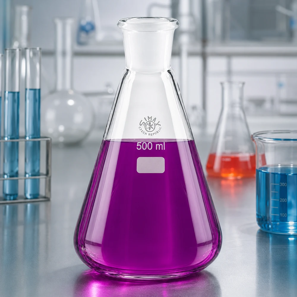 Erlenmeyer 500 ml col étroit, verre borosilicate avec rodage normalisé 29/32 Fiole Erlenmeyer 500ml pour expériences chimiques remplie de solution d'essai violette