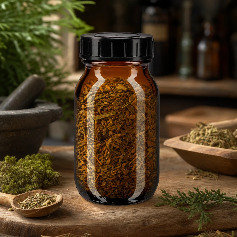 Flacon compact en verre brun de 100 ml à large ouverture et bouchon noir pour un remplissage facile