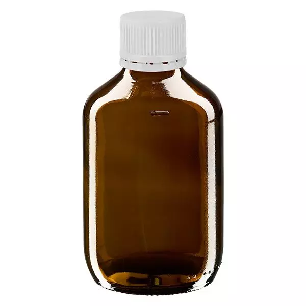 Bouteille à usage médical de 200 ml, marron, avec bouchon blanc d'origine Bouteille à usage médical de 200 ml, marron, avec bouchon blanc d'origine