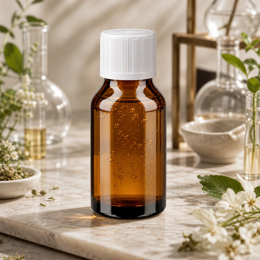 Flacon en verre brun 15ml avec bouchon à vis blanc sécurité enfant St Flacon pharmaceutique en verre ambré de 15 ml avec bouchon blanc à sécurité enfants, sur fond marbré