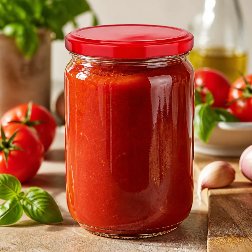 Bocal rond en verre de 555 ml + couvercle BasicSeal rouge UNiTWIST Bocal de conservation UNiTWIST de 555 ml avec couvercle rouge, idéal pour conserver les sauces tomates et la passata