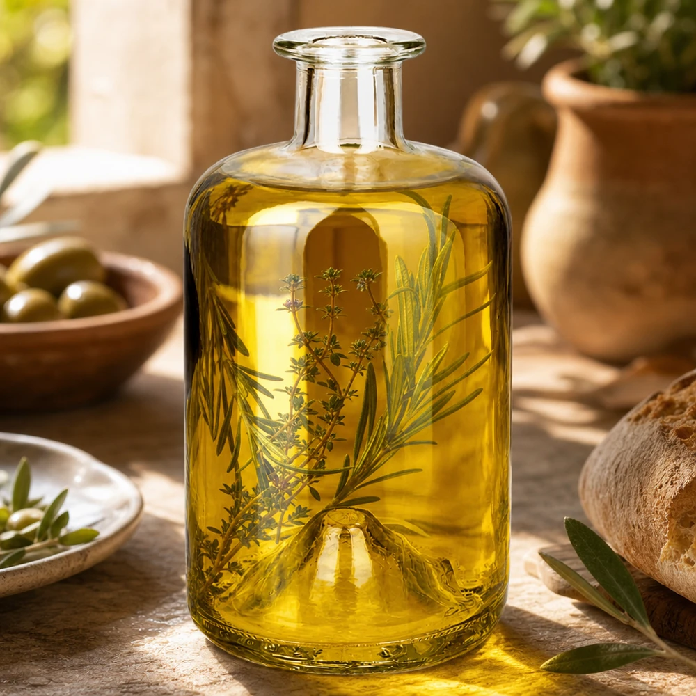 Bouteille en verre Sofia 500ml remplie d'huile d'herbes aromatiques romarин thym usage décoratif Bouteille de pharmacie