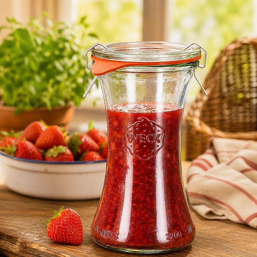 WECK Pot d'épicerie fine 200ml rempli de confiture de fraises, ambiance cuisine avec fraises fraîches et décoration de corbeille