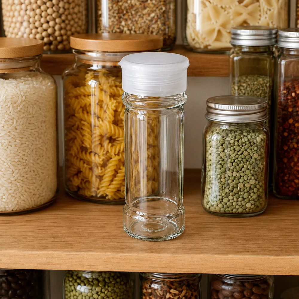 Pot à sel/épices 100 ml avec saupoudreuse, blanc Pot à épices transparent de 100 ml avec saupoudreuse blanche, posé sur une étagère de cuisine bien remplie