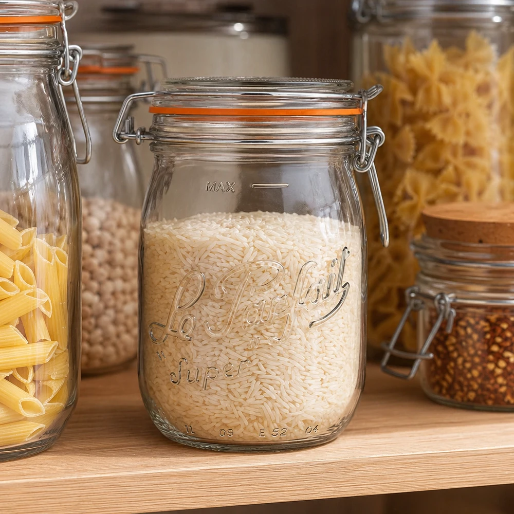 Bocal Le Parfait® 1 L Ø85 mm conserve 1000ml Le Parfait Super bocal à provisions avec fermeture à étrier rempli de riz dans une cuisine moderne avec d'autres bocaux à provisions