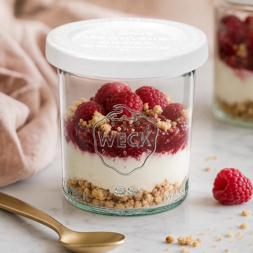 Bocal en verre de 140 ml avec couvercle hermétique WECK RR60 WECK 140ml pot renversé RR60 rempli de framboises et de dessert au mascarpone - présentation élégante pour les desserts sucrés