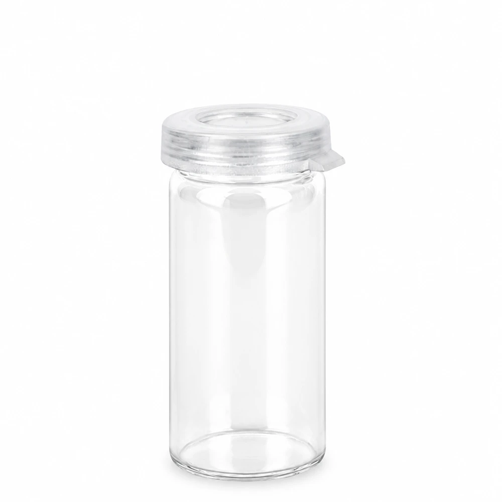 Pot à comprimés 5 ml en verre clair, avec bouchon à déclic Flacon transparent pour comprimés de 5 ml en verre transparent, muni d'un bouchon à encliquetage en plastique sécurisé