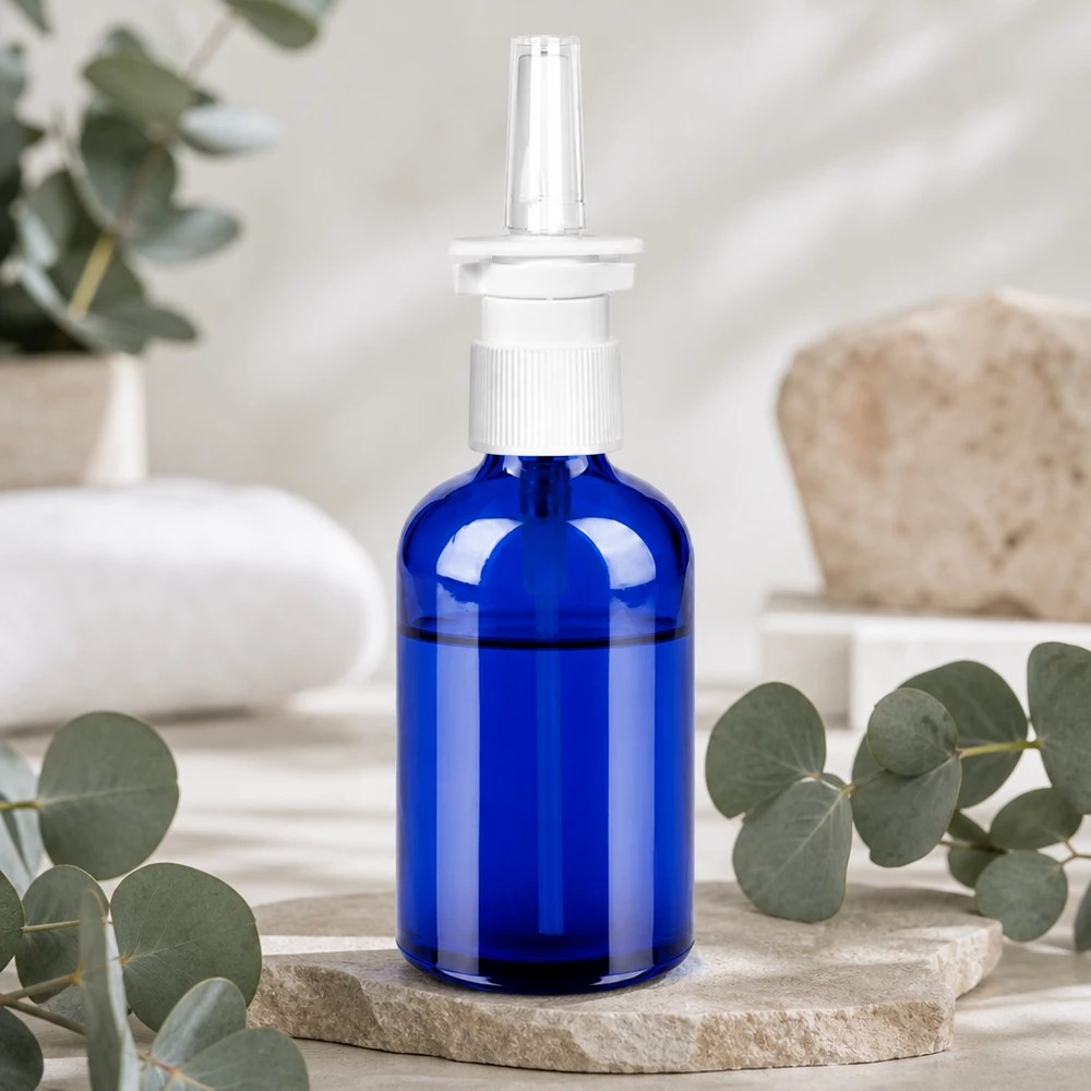 100ml flacon vaporisateur nasal blanc/tr. STD BlueLine UT18/100 Vaporisateur de 100 ml de couleur bleu foncé avec pulvérisateur à pompe blanc pour les produits pharmaceutiques