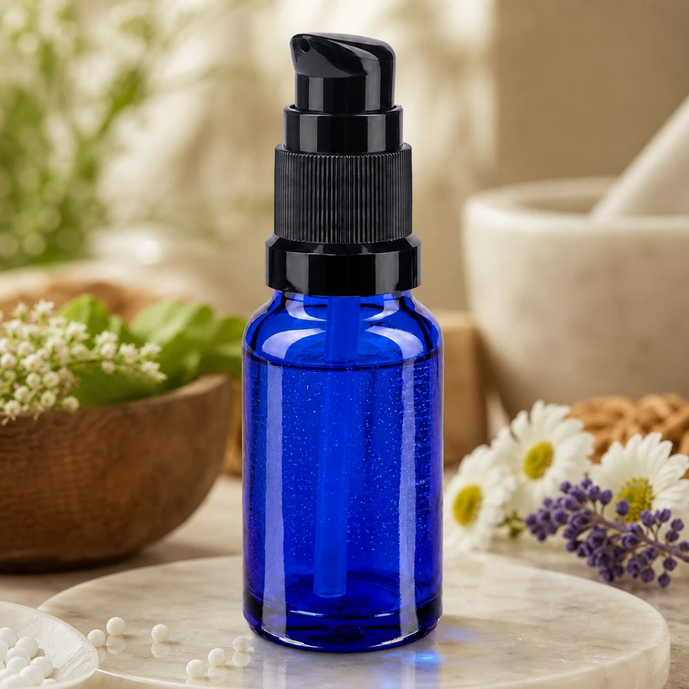 Flacon de pharmacie bleu 10ml bouchon pompe noir standart Flacon pompe STD bleu compact de 10 ml, idéal pour le conditionnement de produits de soins de la peau
