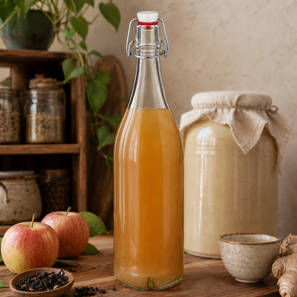 Bouteille en verre de 1000 ml + bouchon mécanique en porcelaine UN.. Bouteille en verre de 1000 ml avec bouchon à étrier remplie de jus de pomme à côté de pommes fraîches et de kombucha dans une cuisine rustique