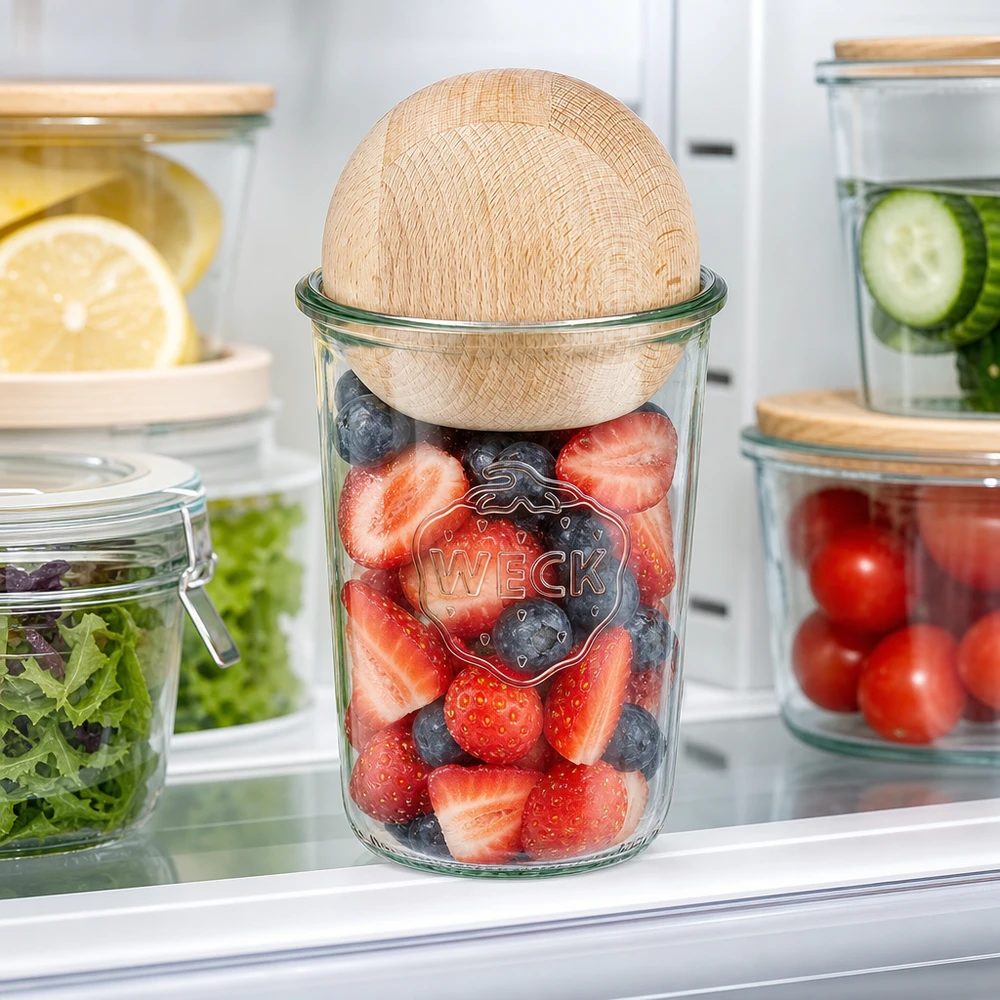 WECK RR100 Pot renversé 850ml avec baies fraîches au réfrigérateur, boule en bois de hêtre comme couvercle pour conserver la fraîcheur