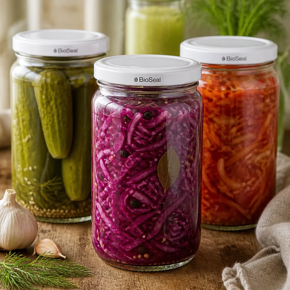 305ml Verre rond avec couvercle BioSeal blanc UNiTWIST UNiTWIST Runda305 Gläser mit weißem BioSeal Deckel gefüllt mit eingelegtem Gemüse - Gurken Rotkohl Karotten