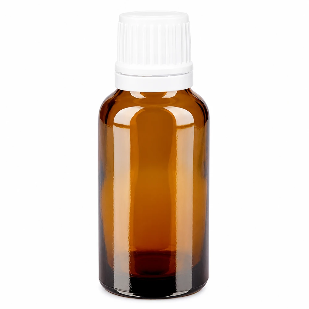 Petite bouteille en verre marron de 20 ml avec bouchon d'origine blanc à sécurité enfant de 11 mm