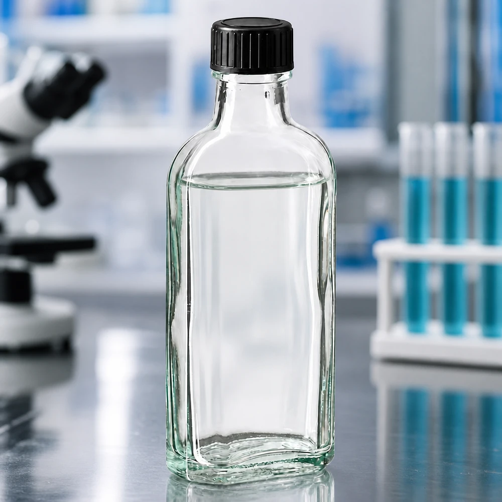 Bouteille rectangulaire en verre transparent de 100 ml avec joint d'étanchéité en EPE, posée sur un plan de travail de laboratoire brillant