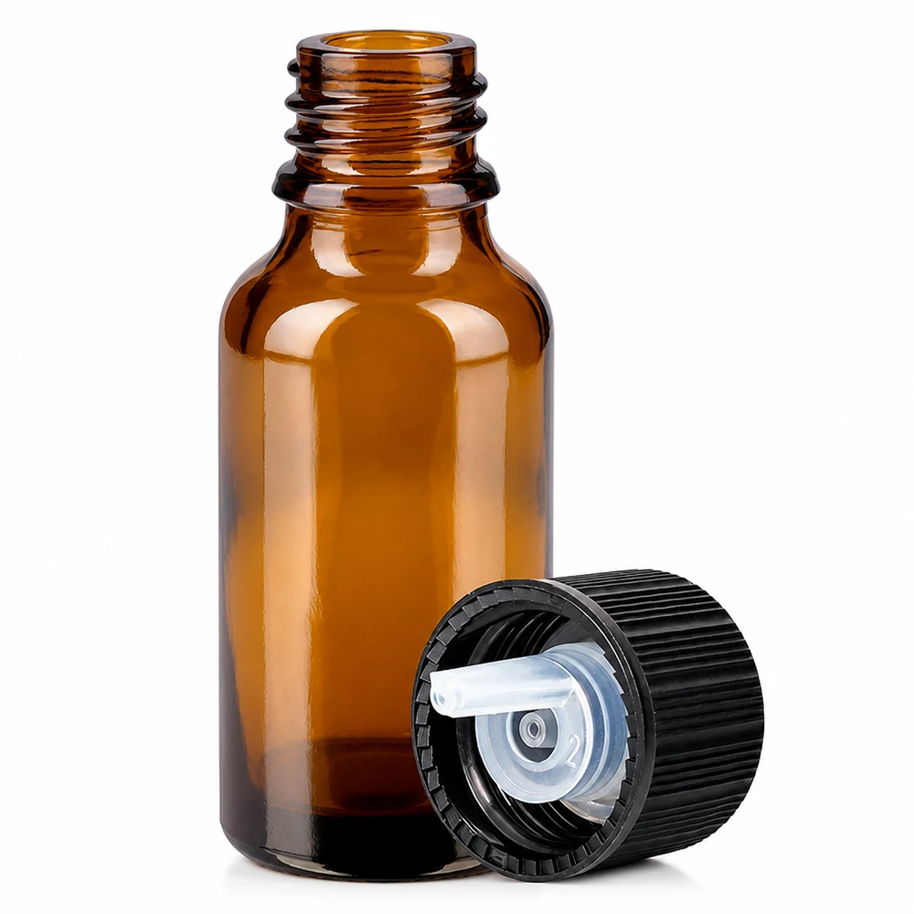 Flacon compte-gouttes de 20ml. 1mm noir STD BrownLine UT18/20 Flacon en verre brun de 20ml avec compte-gouttes intégré pour la cosmétique et la pharmacie