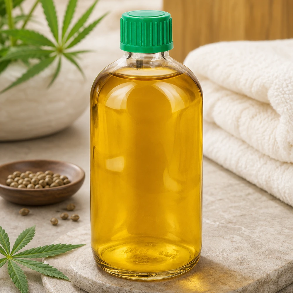 100ml Fl. goutte 0.8mm vert STD ClearLine UT18/100 Huile de chanvre dans un flacon compte-gouttes ClearLine UT18 de 100 ml avec bouchon vert et feuilles de chanvre