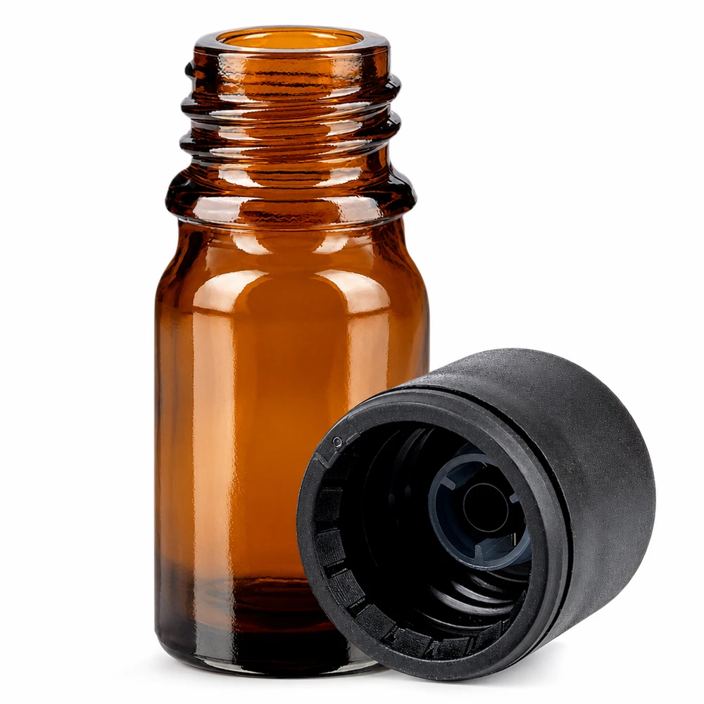 Bouteille d'aromathérapie de 5ml en verre brun avec bouchon de sécurité enfant ouverture 6mm