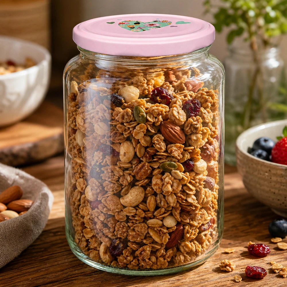 Pot rond 795 ml + couvercle BasicSeal rose cur UNiTWIST Rundglas 795ml mit rosa Herzdeckel gefüllt mit Müsli Nüssen und Trockenfrüchten als praktisches Vorratsglas für Küche