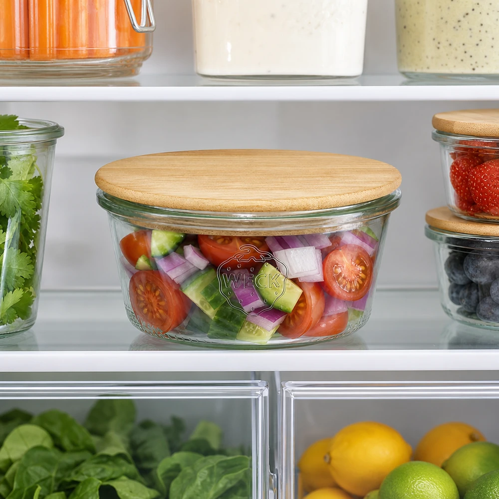 290ml bocal conique faible WECK RR80 avec couvercle en bois WECK Pot renversé 290ml RR100 avec couvercle en bois de bambou dans le réfrigérateur, rempli de salade fraîche, conservation optimale