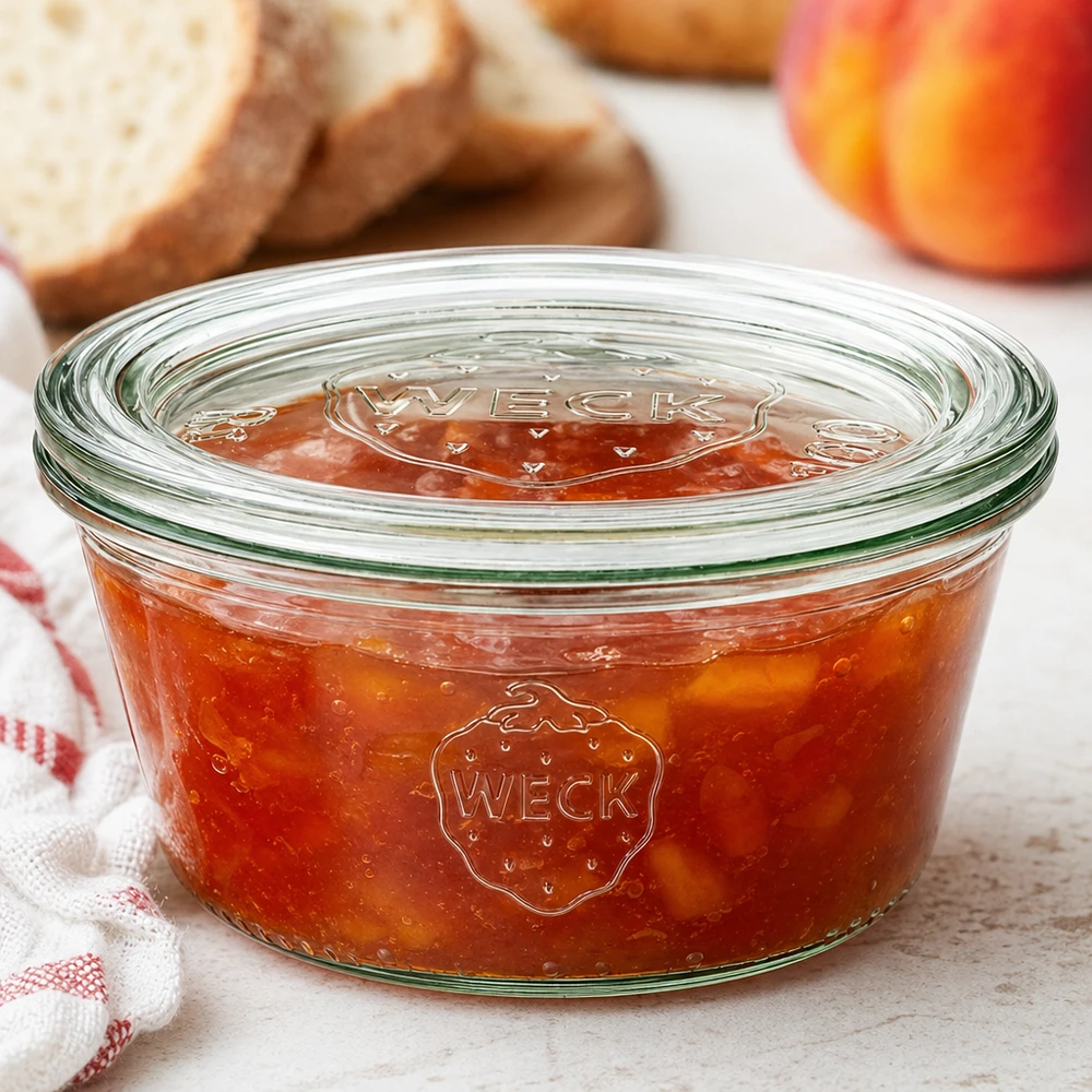 WECK Pot 290ml RR100 avec confiture de pêche et couvercle en verre à côté de pain et de fruits dans une scène de cuisine confortable