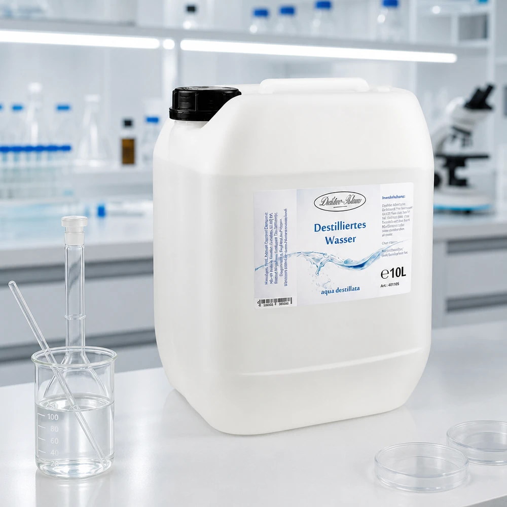 Eau distillée Doktor Klaus - Aqua dest 10 litres en jerrican premium teinte naturelle Eau distillée Doktor-Klaus 10L dans un environnement de laboratoire de haute qualité avec appareils en verre et microscope