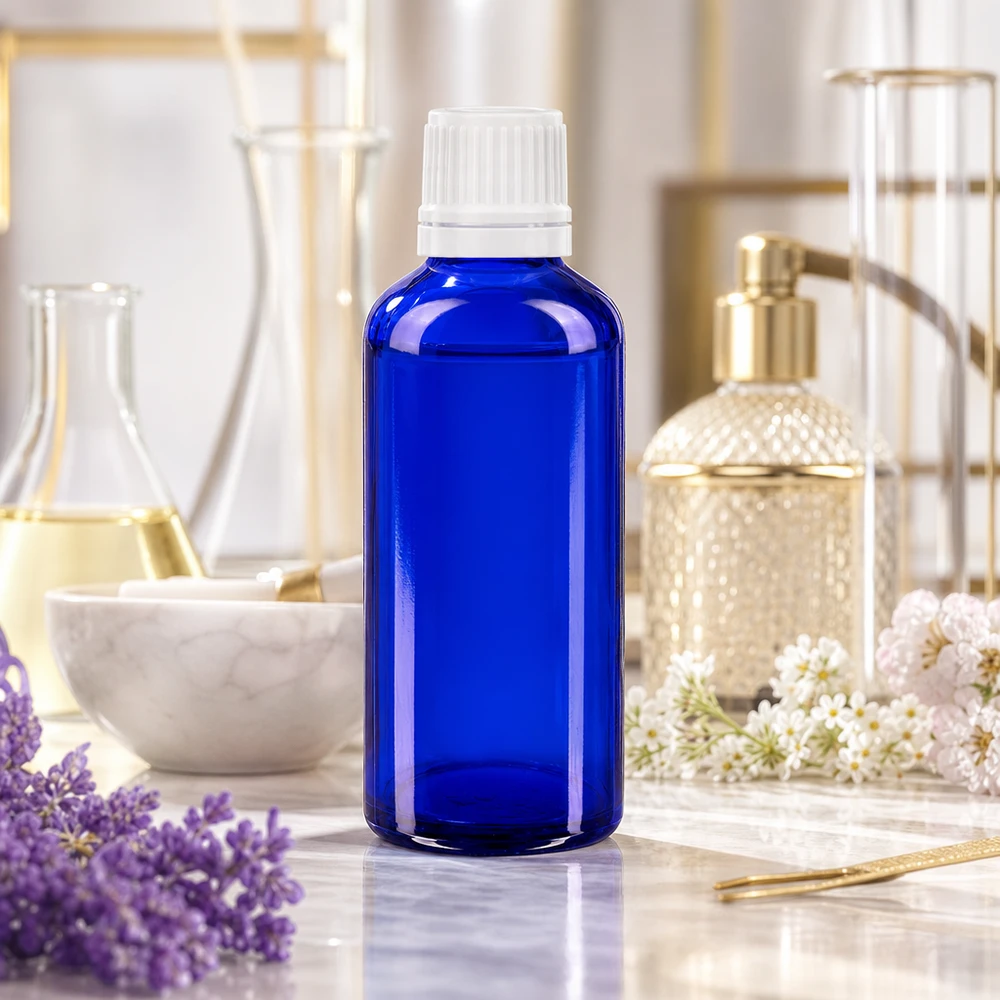 Flacon compte-gouttes cylindrique de 50 ml en verre bleu avec protection UV et bouchon OV blanc