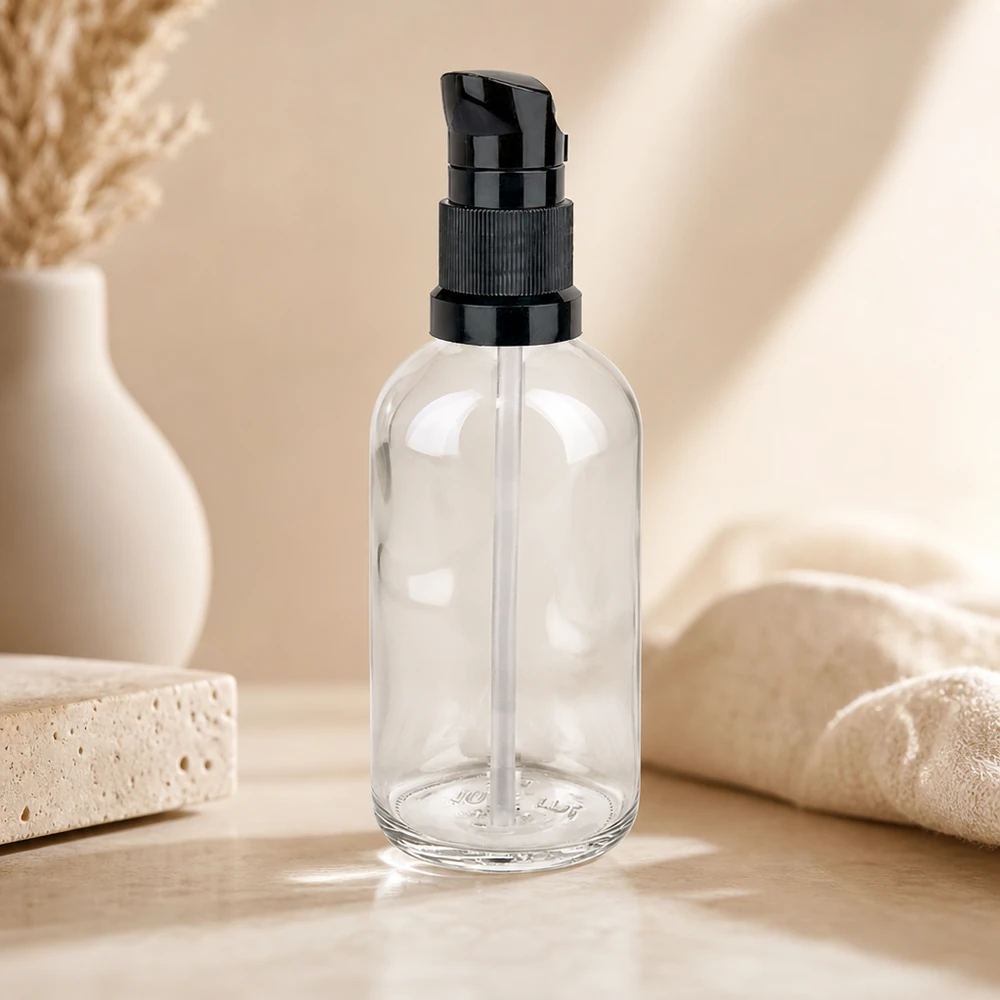 Flacon pompe 100ml noir STD ClearLine UT18/100 Flacon en verre transparent vide de 100 ml avec pompe doseuse noire ClearLine UT18, flacon cosmétique rechargeable