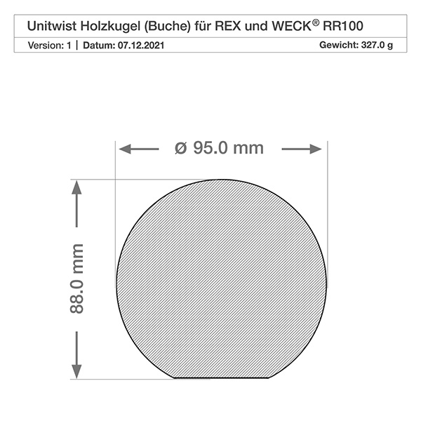 1000ml bocal conique WECK RR100 avec boule en bois en hêtre Dessin technique de la sphère en bois de hêtre pour le bocal WECK RR100 avec les dimensions 95mm de diamètre et 88mm de hauteur