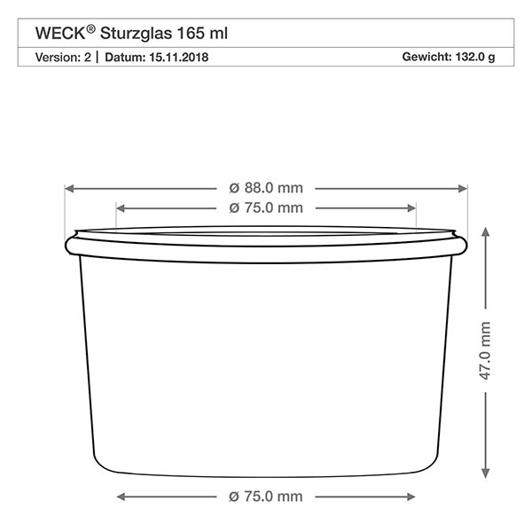 Set de 24 bocaux Weck 165ml verre renversé avec 24 couvercles en verre Dessin technique du verre renversé WECK 165ml RR80 avec dimensions diamètre 88mm hauteur 47mm poids 132g