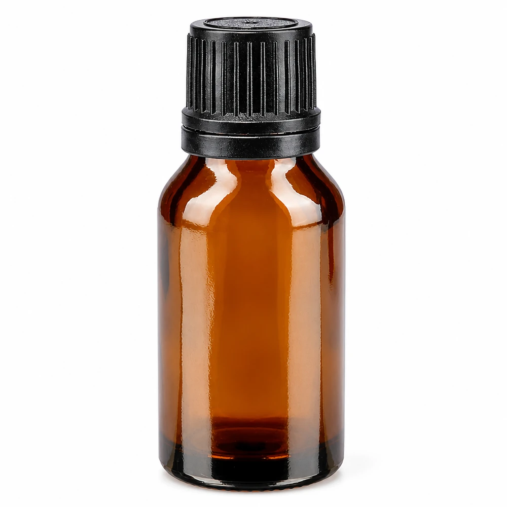 Flacon de pharmacie brun de 15 ml avec bouchon compte-gouttes noir et ouverture de 1 mm, en verre brun